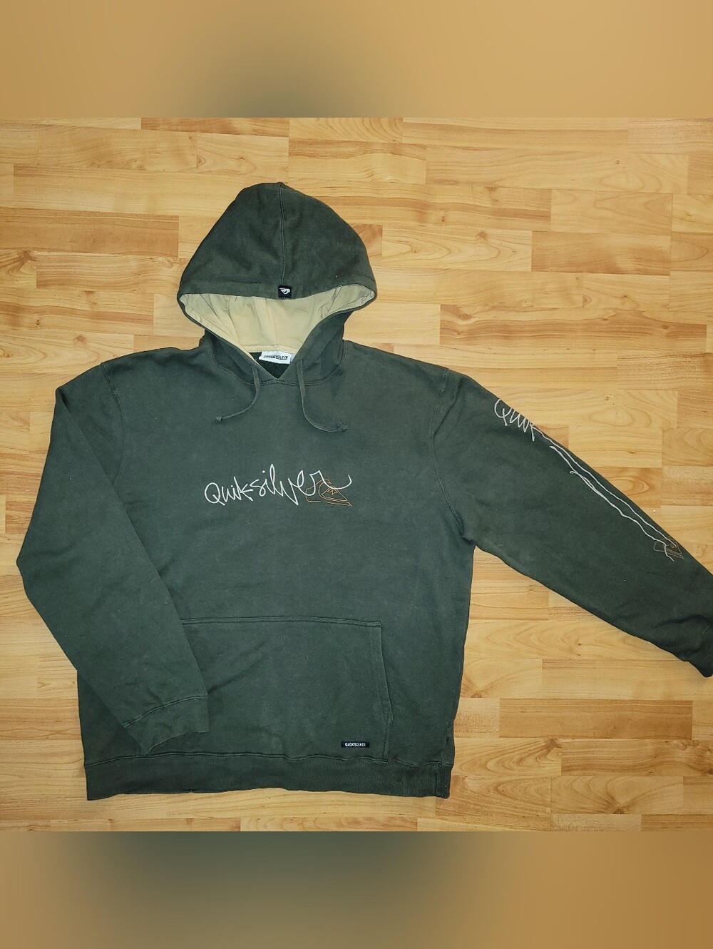 Y2K Quiksilver Olive Green Hooded Pullover with Graffiti Logo And Sleeve Hit, XL